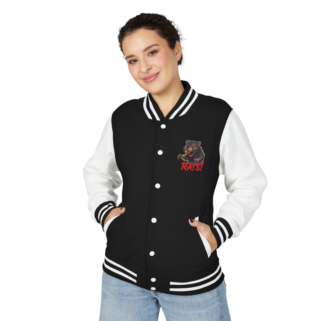 RJK: "Fear the Rats! Embrace the Horror!" - Unisex Heavyweight Letterman Jacket (Black/White)