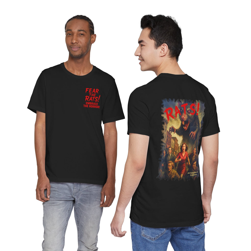 RTS: "Fear the Rats! Embrace the Horror!" - Small Logo (RATS! Logo - Back Side) - Unisex Jersey Short Sleeve Lightweight Tee (Black)