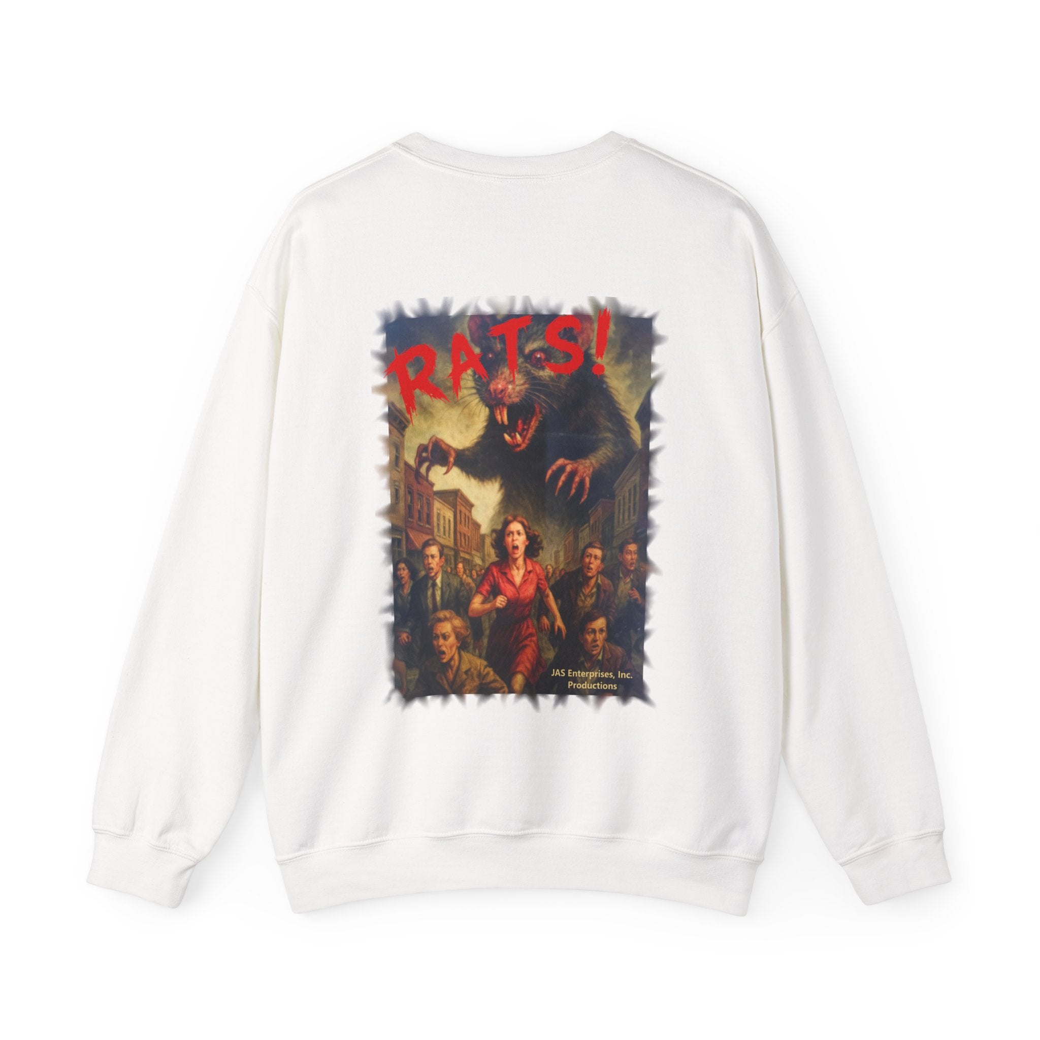 RSS: "Fear the Rats! Embrace the Horror!" Small Logo (RATS! Logo - Back Side) - Unisex Crewneck Sweatshirt (White)