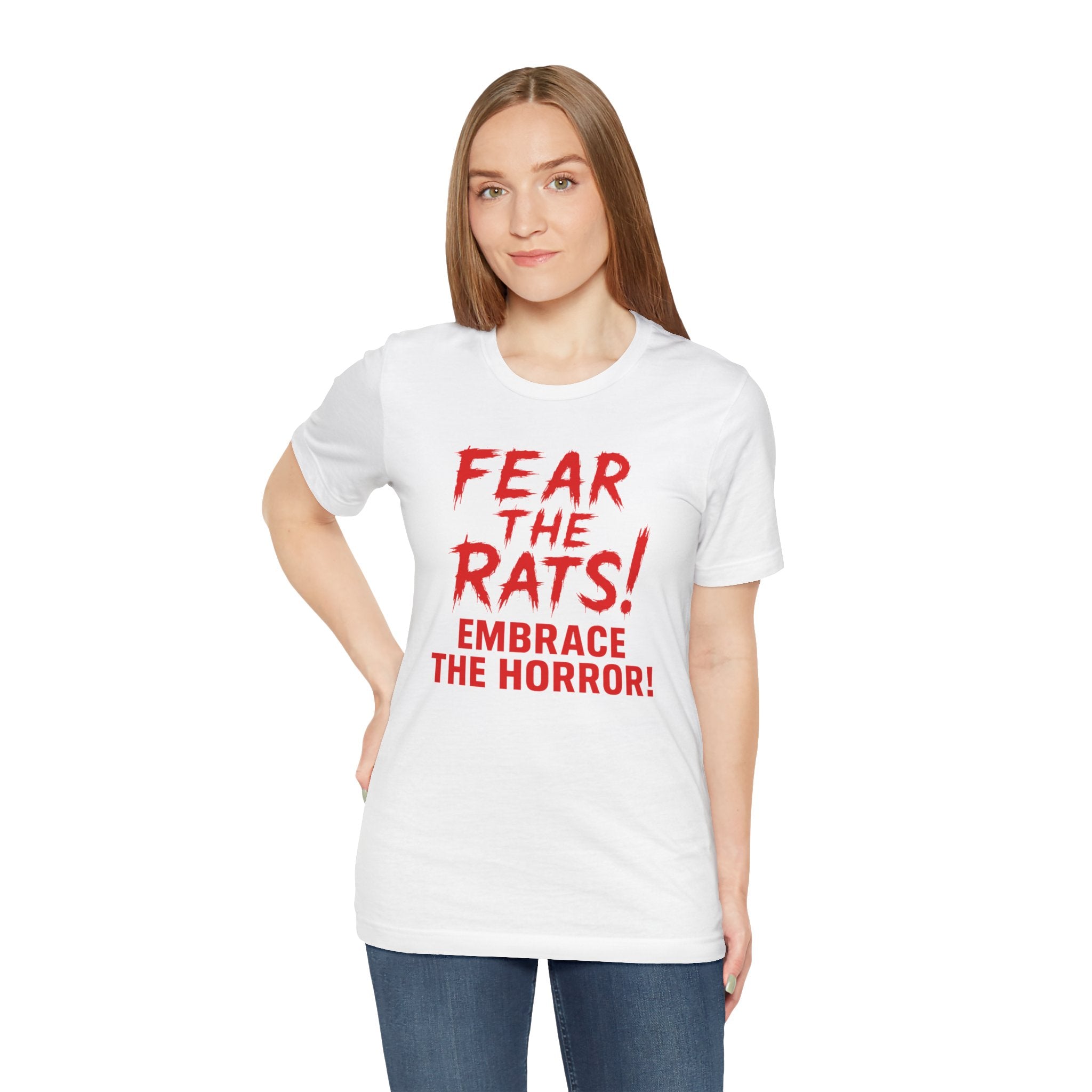 RTS: "Fear the Rats! Embrace the Horror!" (RATS! Logo - Back Side) - Unisex Jersey Short Sleeve Lightweight Tee (White)