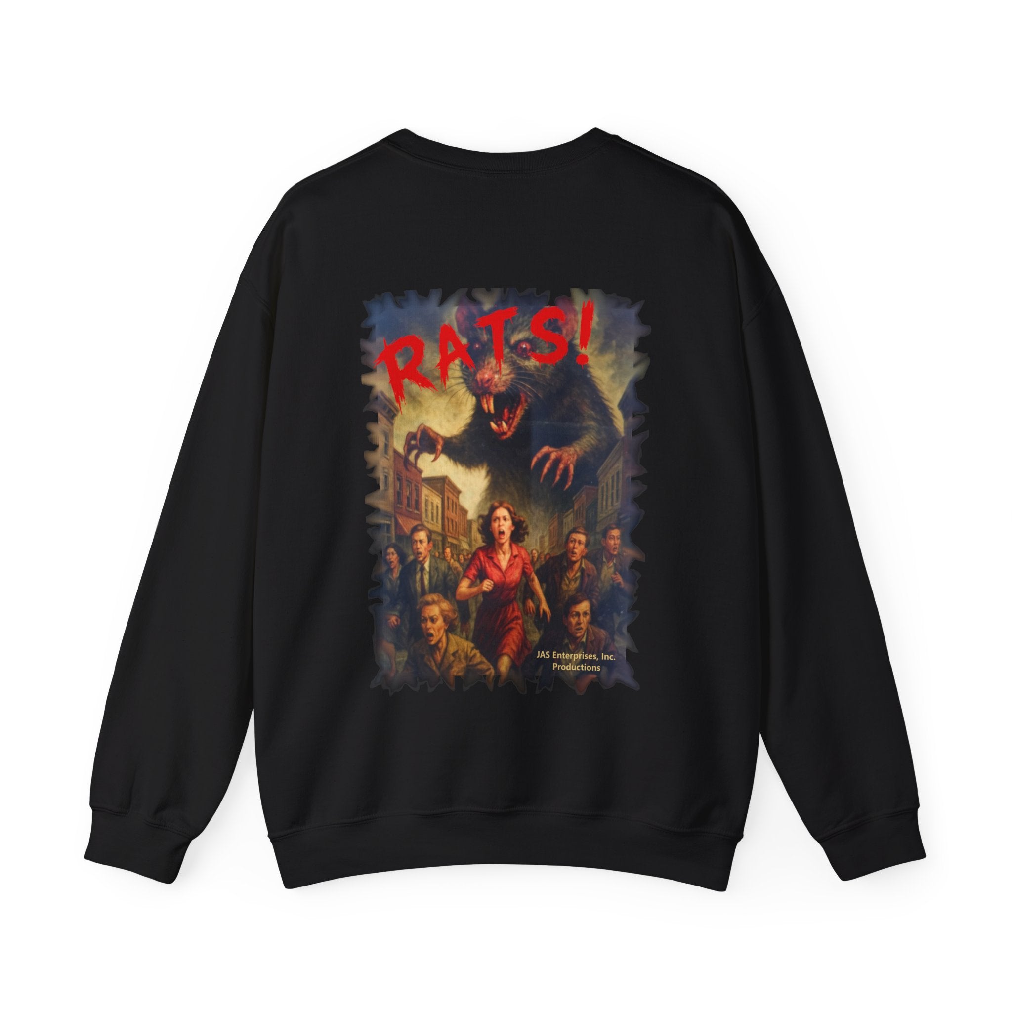 RSS: "Fear the Rats! Embrace the Horror!" Small Logo (RATS! Logo - Back Side) - Unisex Crewneck Sweatshirt (Black)