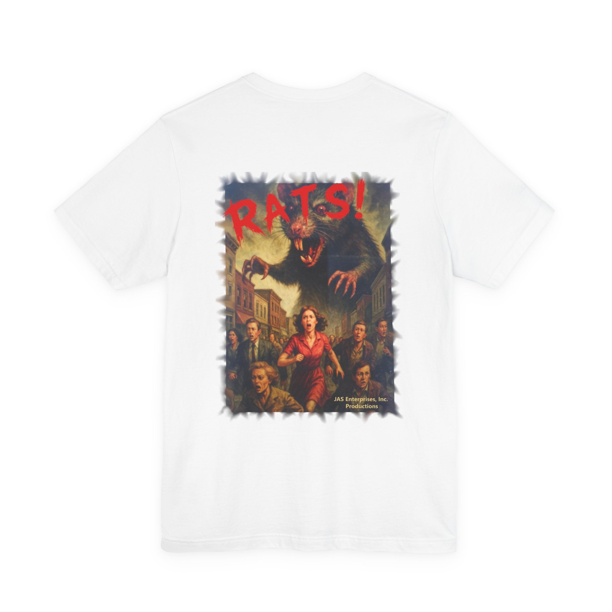 RTS: "Fear the Rats! Embrace the Horror!" - Small Logo (RATS! Logo - Back Side) - Unisex Jersey Short Sleeve Lightweight Tee (White)