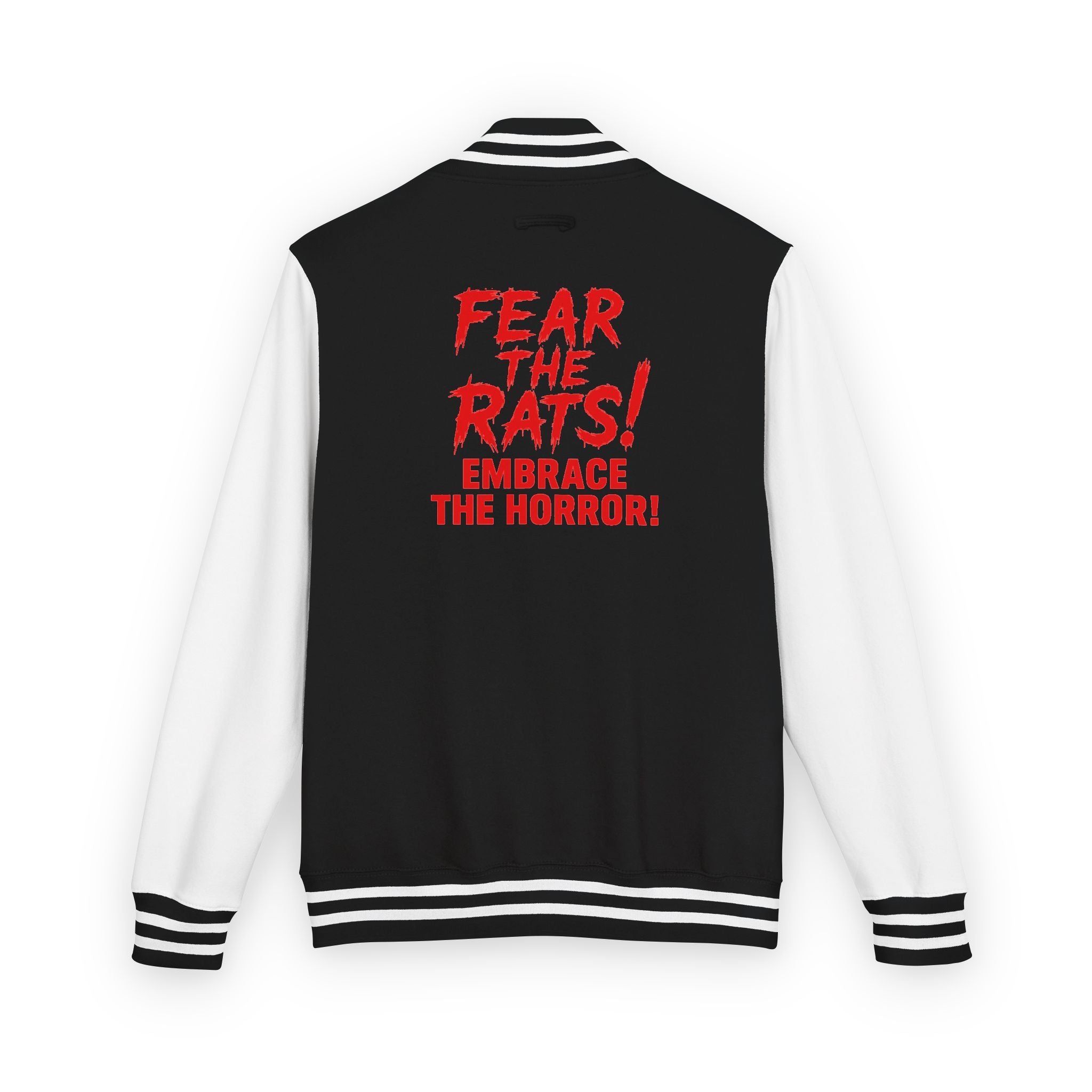 RJK: "Fear the Rats! Embrace the Horror!" - Unisex Heavyweight Letterman Jacket (Black/White)