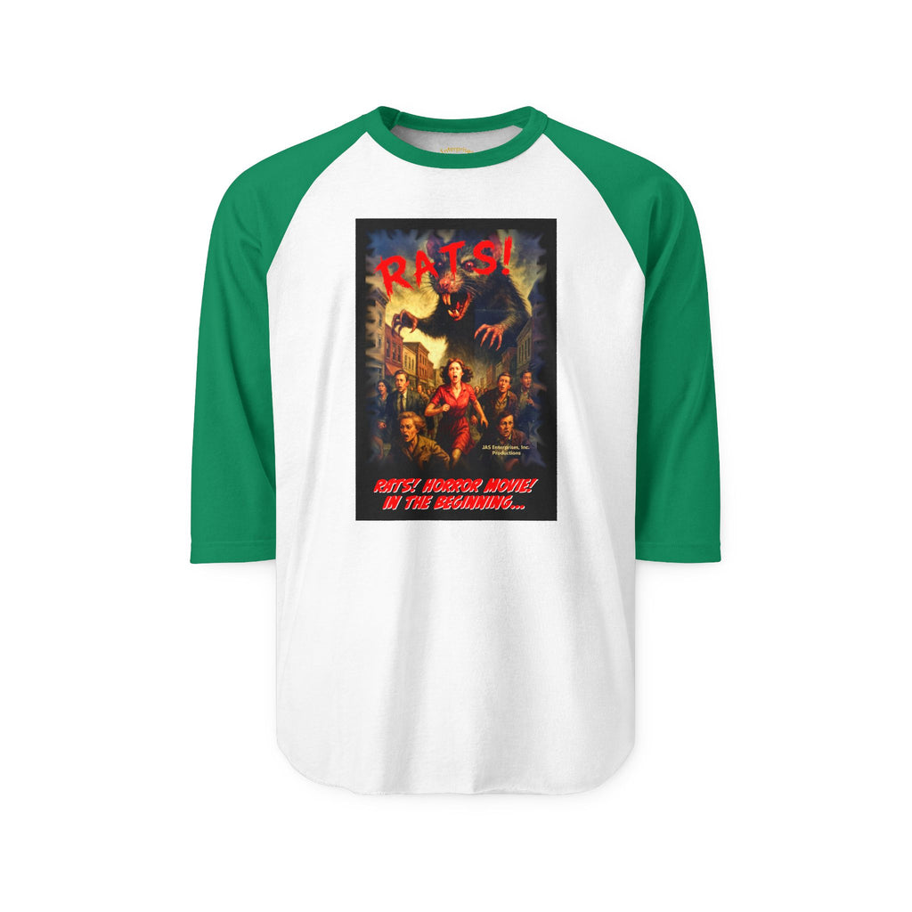 RRS: "RATS!" Movie Title Logo (Black Background) - Unisex Three-Quarter Sleeve Raglan Shirt