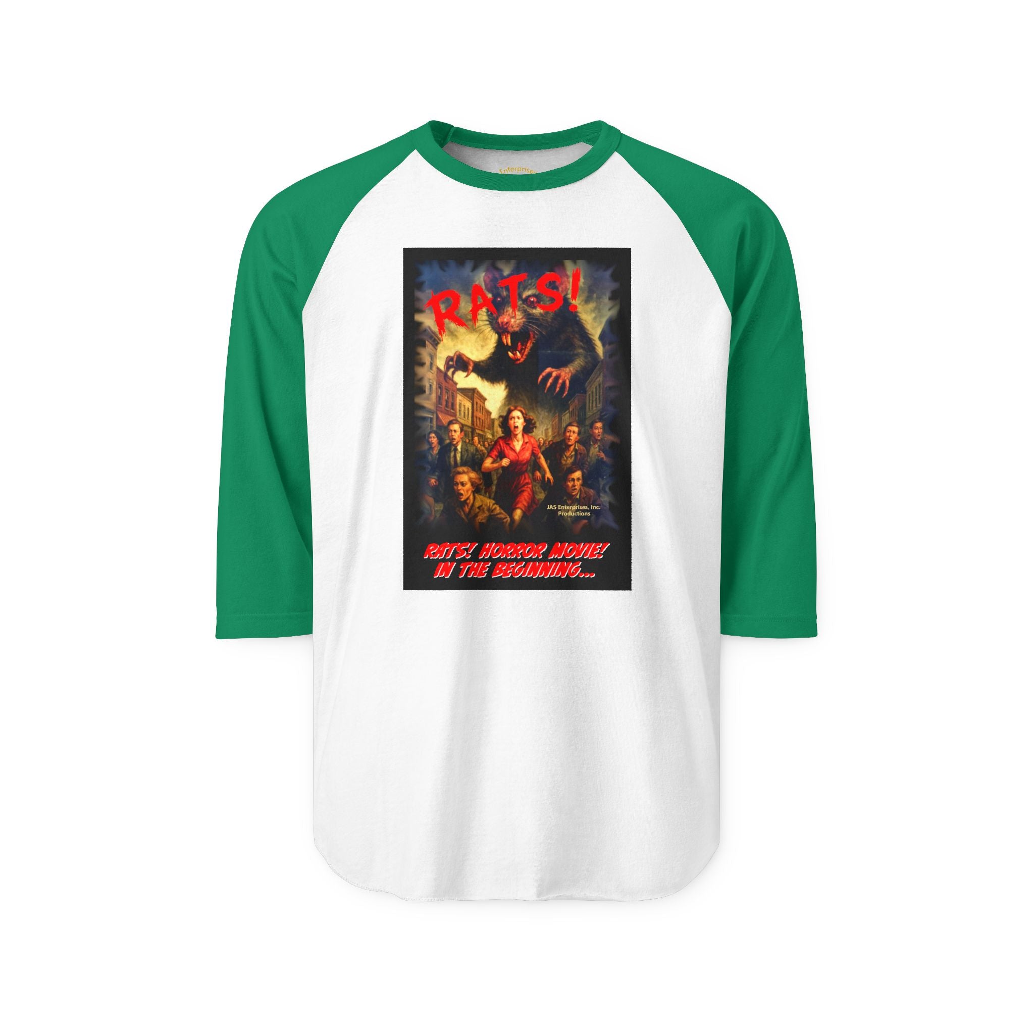 RRS: "RATS!" Movie Title Logo (Black Background) - Unisex Three-Quarter Sleeve Raglan Shirt