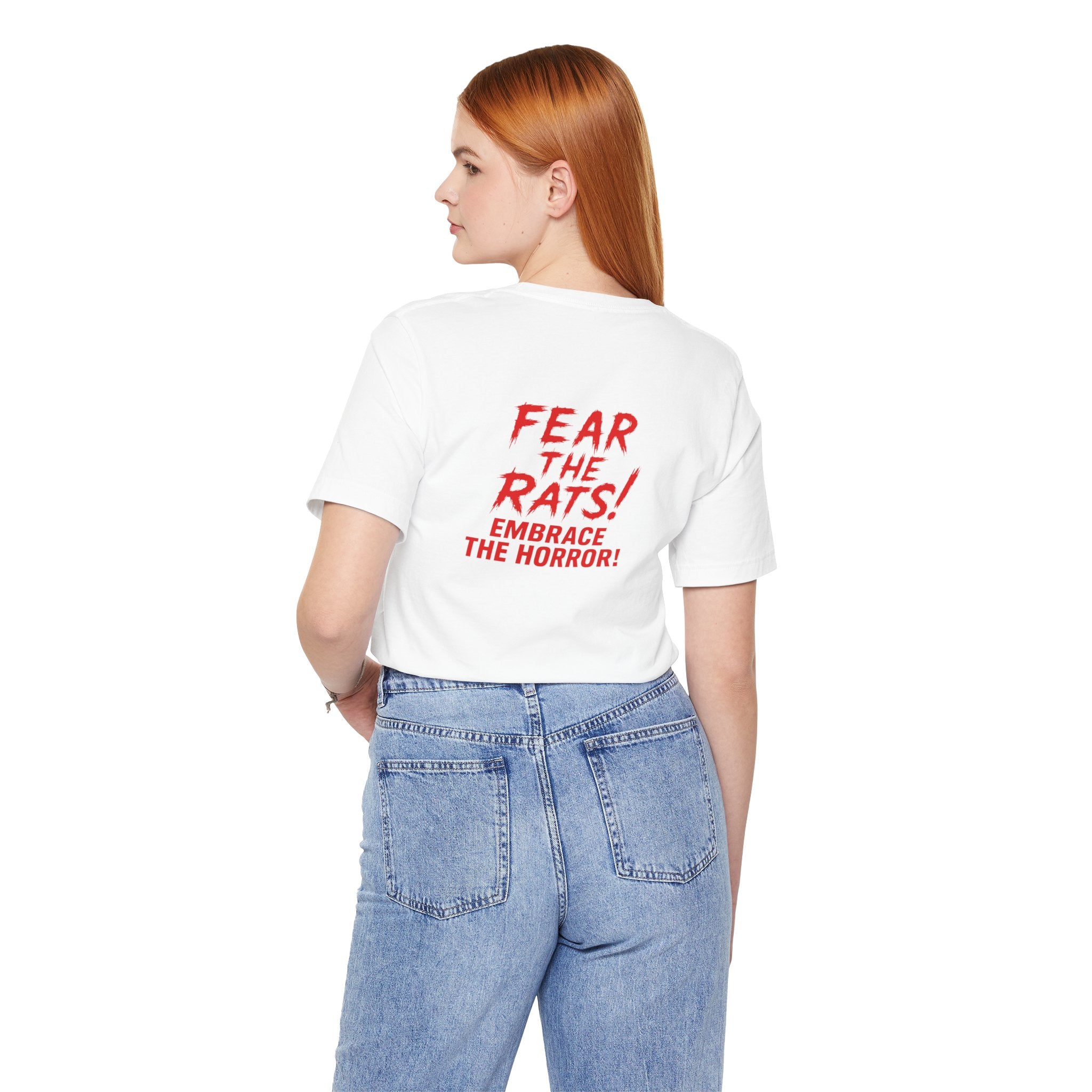 RTS: "RAT" (Fear the Rats! Embrace the Horror! - Back Side) - Unisex Jersey Short Sleeve Lightweight Tee (White)