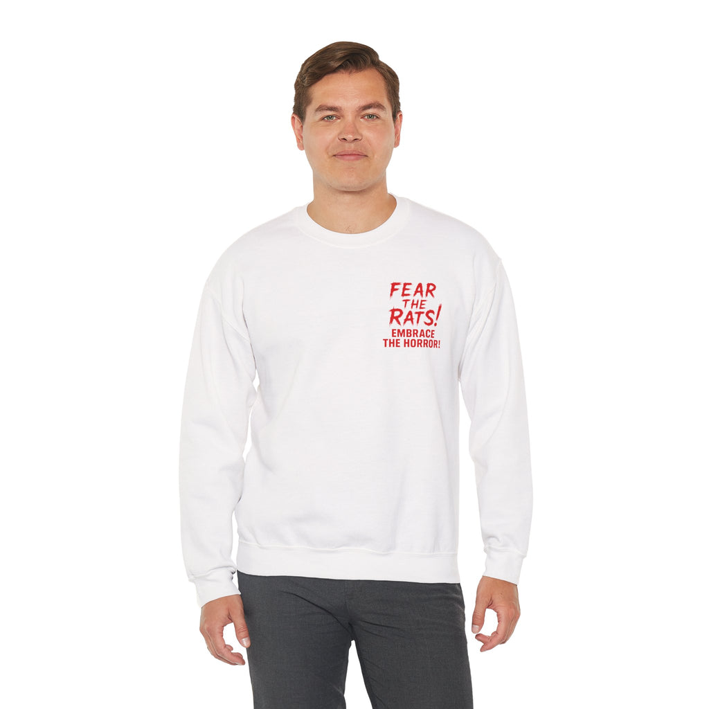 RSS: "Fear the Rats! Embrace the Horror!" Small Logo (RATS! Logo - Back Side) - Unisex Crewneck Sweatshirt (White)