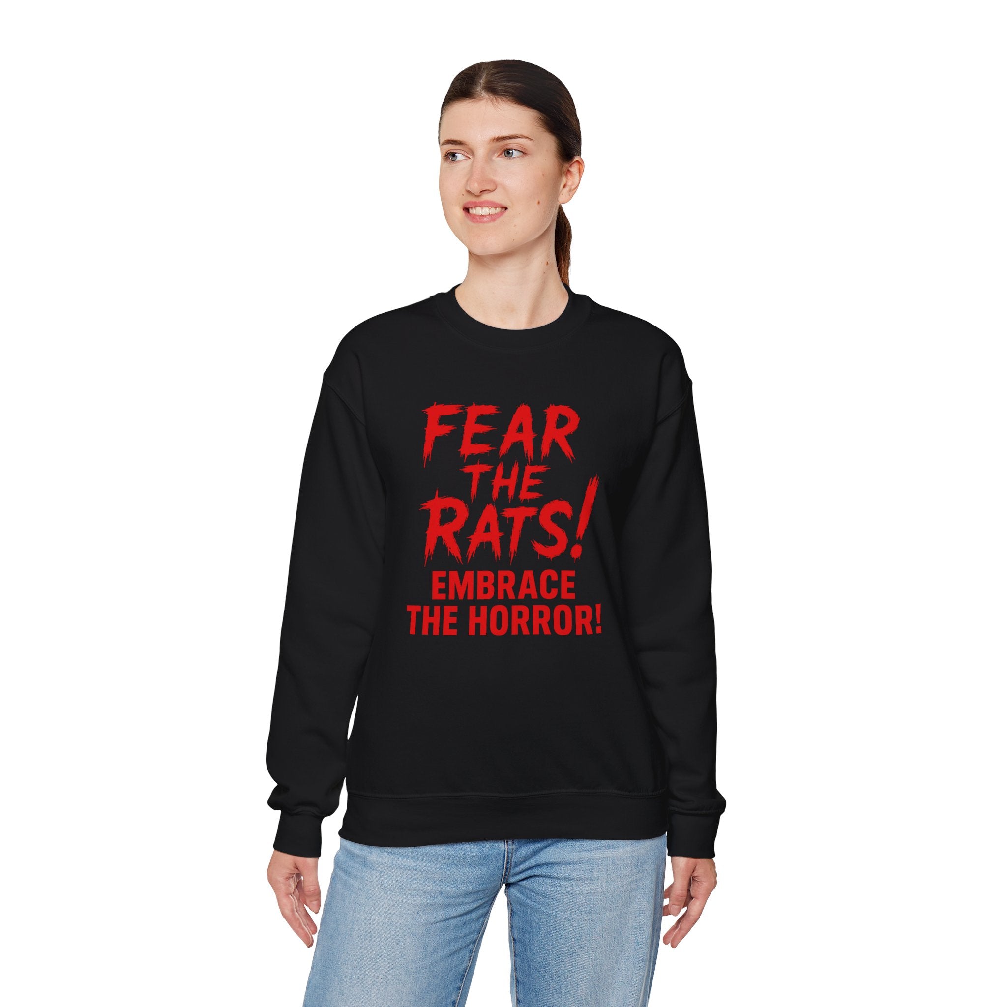 RSS: "Fear the Rats! Embrace the Horror!" (RATS! Logo - Back Side) - Unisex Crewneck Sweatshirt (Black)