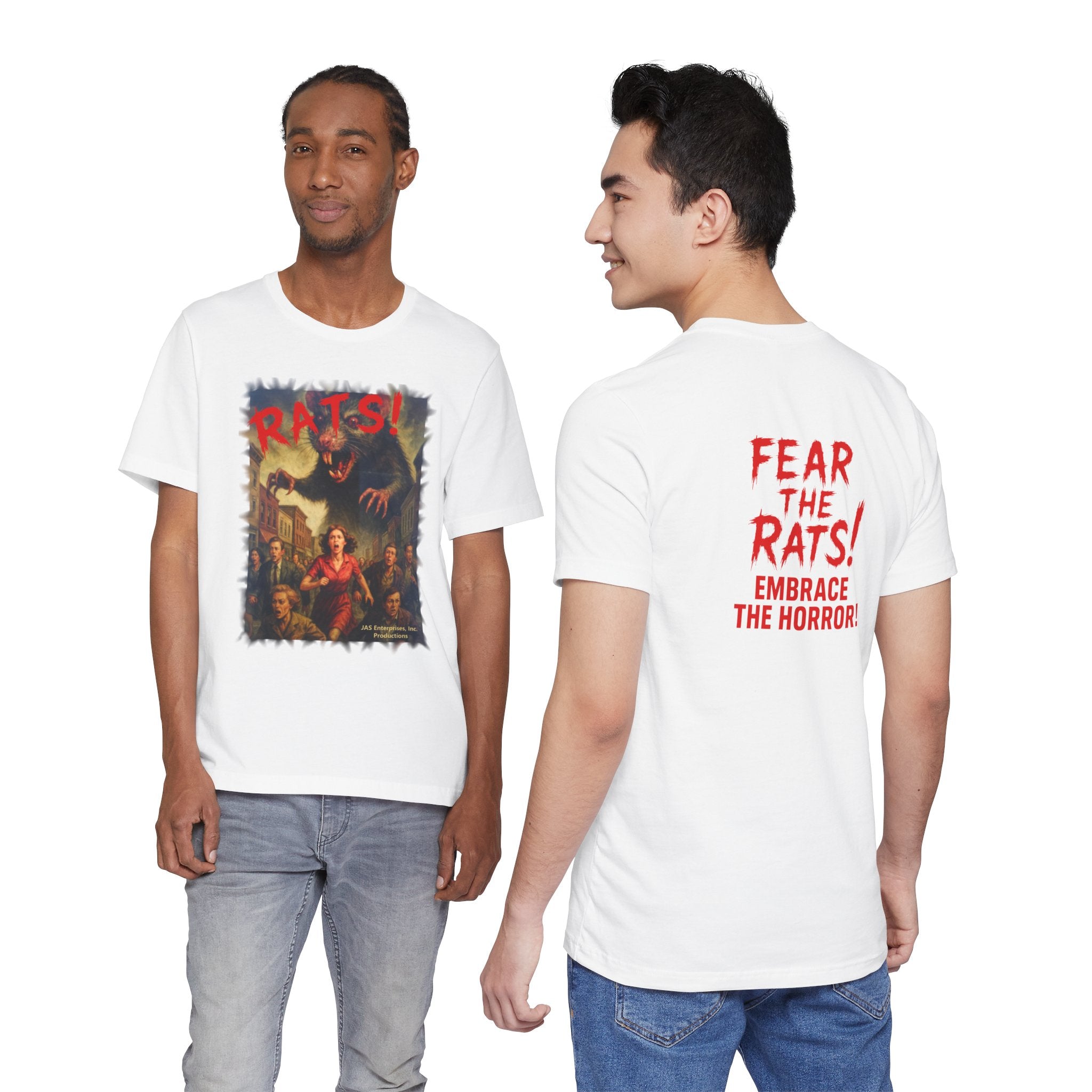 RTS: "RATS" Logo (Fear the Rats! Embrace the Horror! - Back Side) - Unisex Jersey Short Sleeve Lightweight Tee (White)