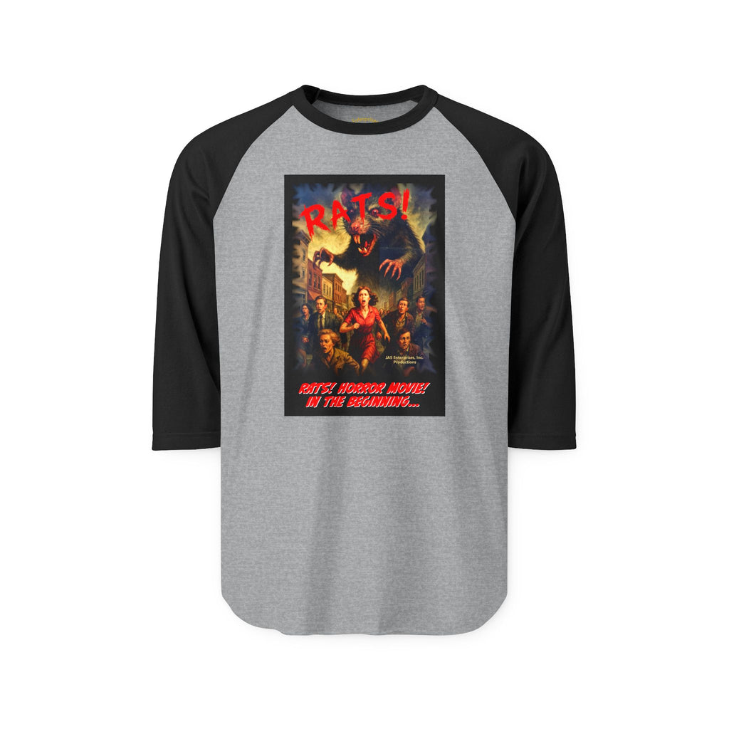 RRS: "RATS!" Movie Title Logo (Black Background) - Unisex Three-Quarter Sleeve Raglan Shirt