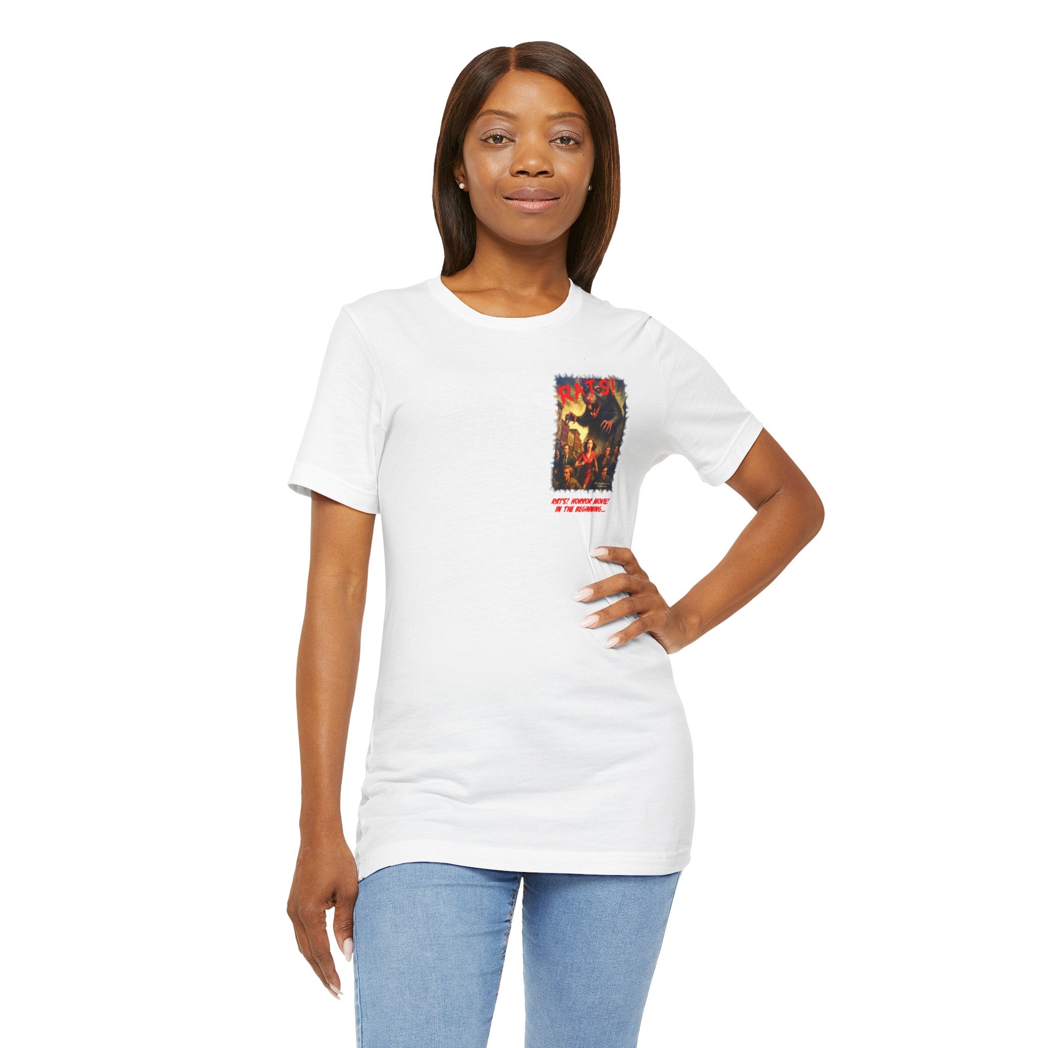 RTS: "RATS!" Small Movie Title Logo (Front) - Unisex Jersey Short Sleeve Lightweight Tee (White)