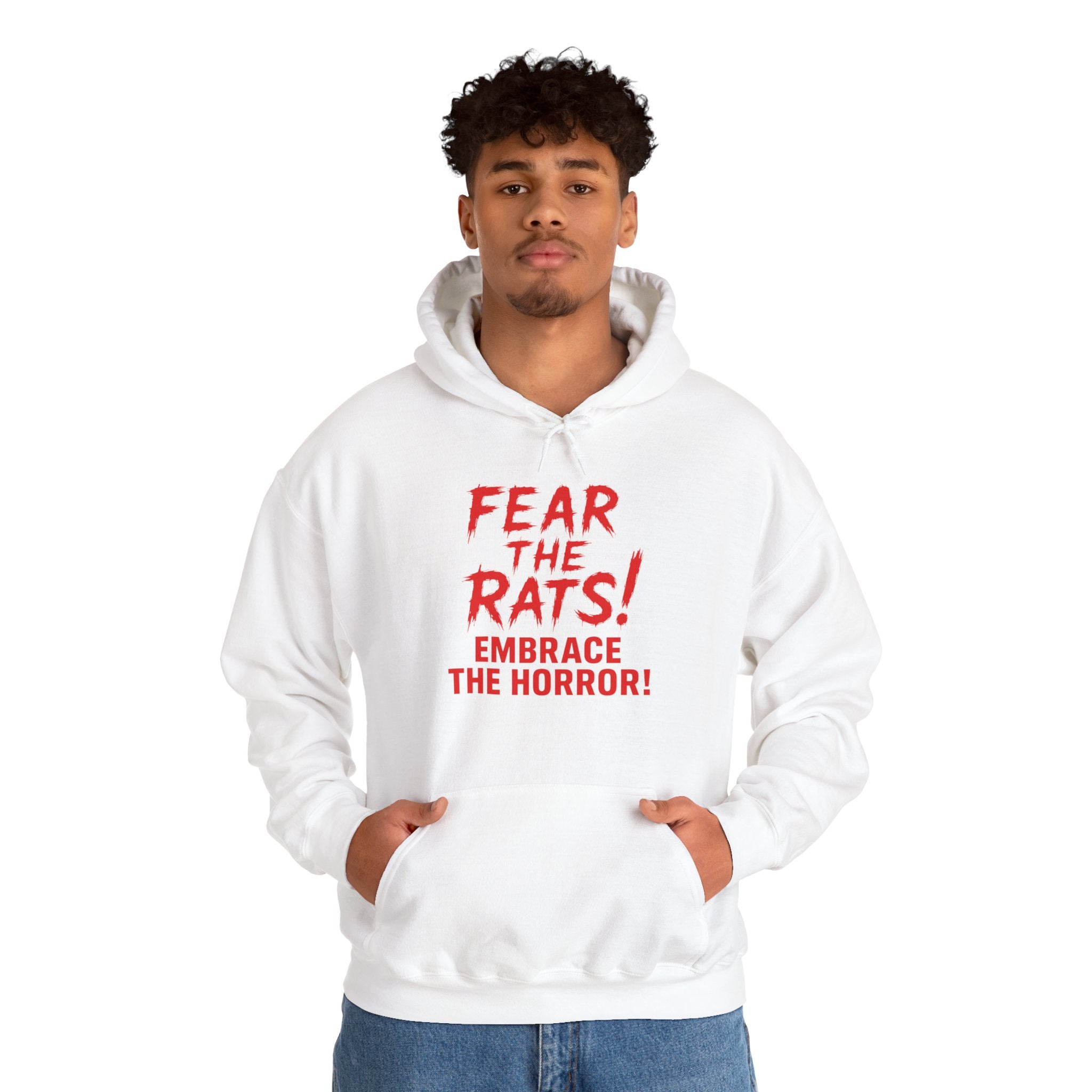 RHD: "Fear the Rats! Embrace the Horror!" (RATS! Logo - Back Side) - Unisex Hoodie (White)