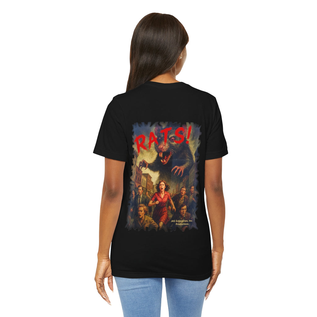 RTS: "Fear the Rats! Embrace the Horror!" (RATS! Logo - Back Side) - Unisex Jersey Short Sleeve Lightweight Tee (Black)