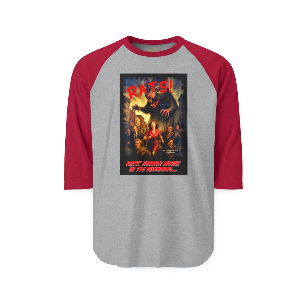 RRS: "RATS!" Movie Title Logo (Black Background) - Unisex Three-Quarter Sleeve Raglan Shirt