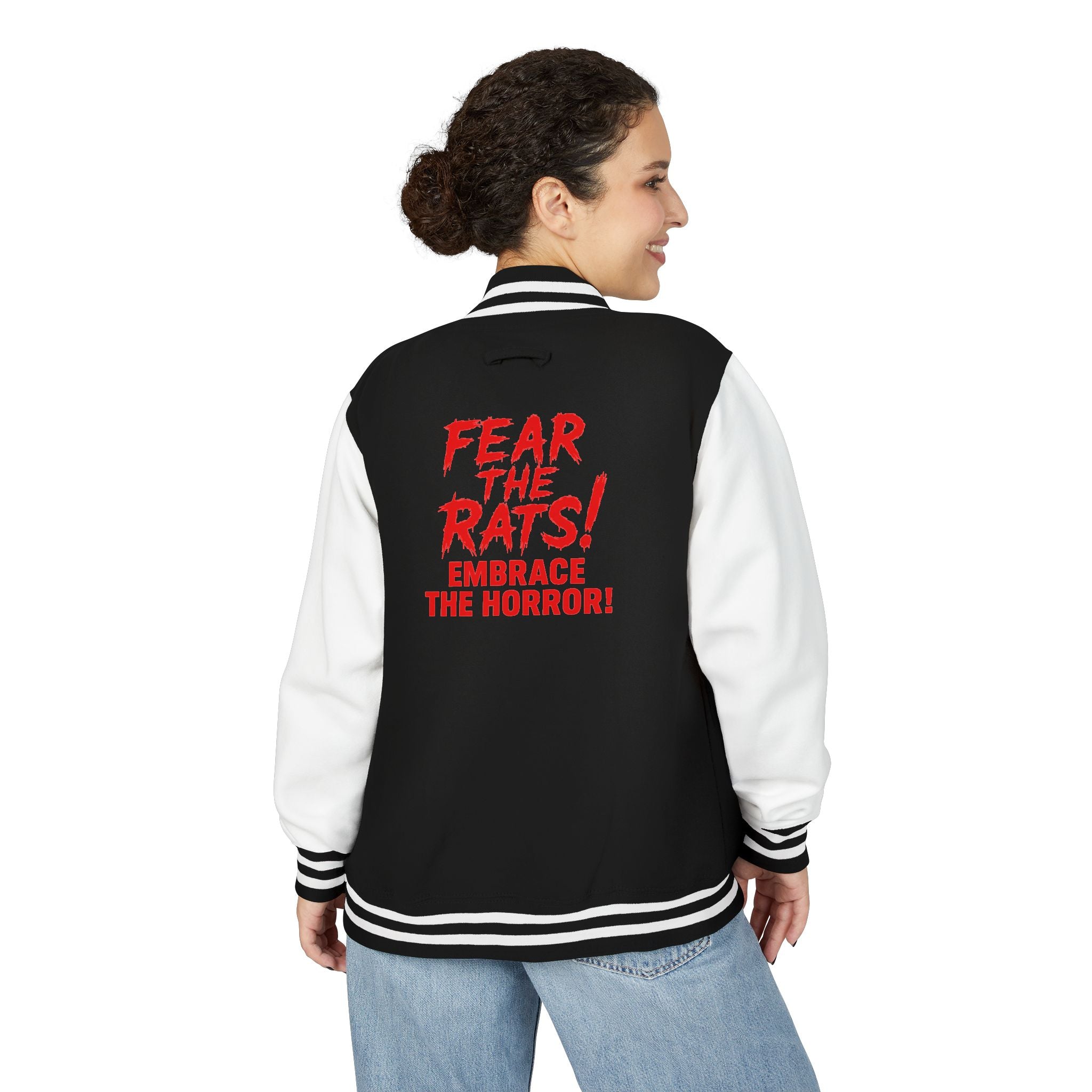 RJK: "Fear the Rats! Embrace the Horror!" - Unisex Heavyweight Letterman Jacket (Black/White)