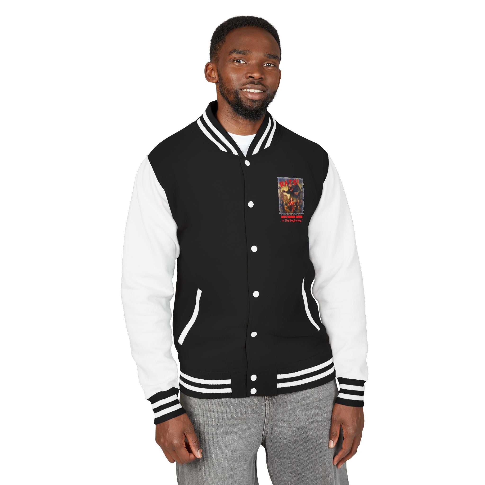 RJK: "RATS!" Small Logo (Front) - Unisex Heavyweight Letterman Jacket (Black/White)