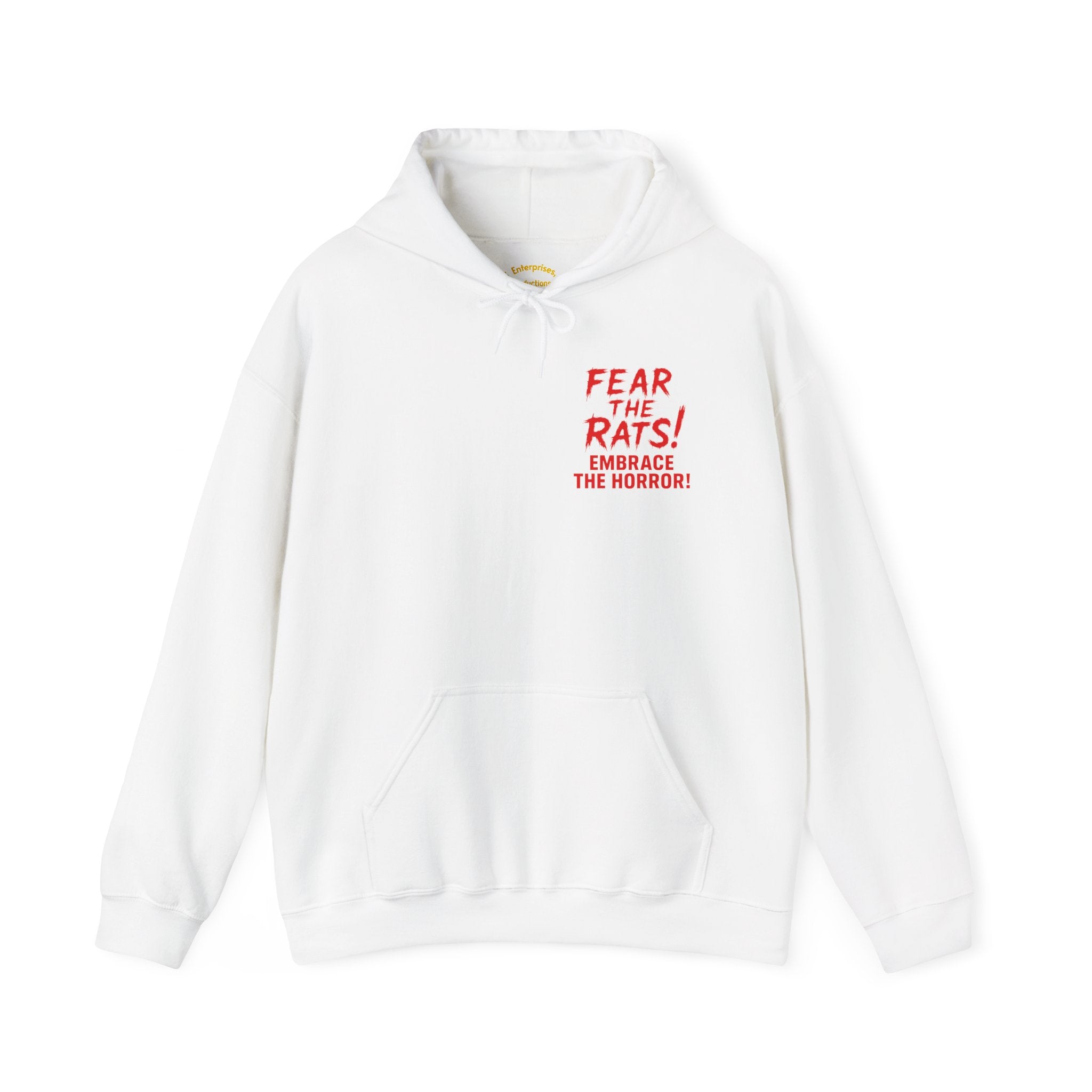 RHD: "Fear the Rats! Embrace the Horror!" Small Logo (RATS! Logo - Back Side) - Unisex Hoodie (White)