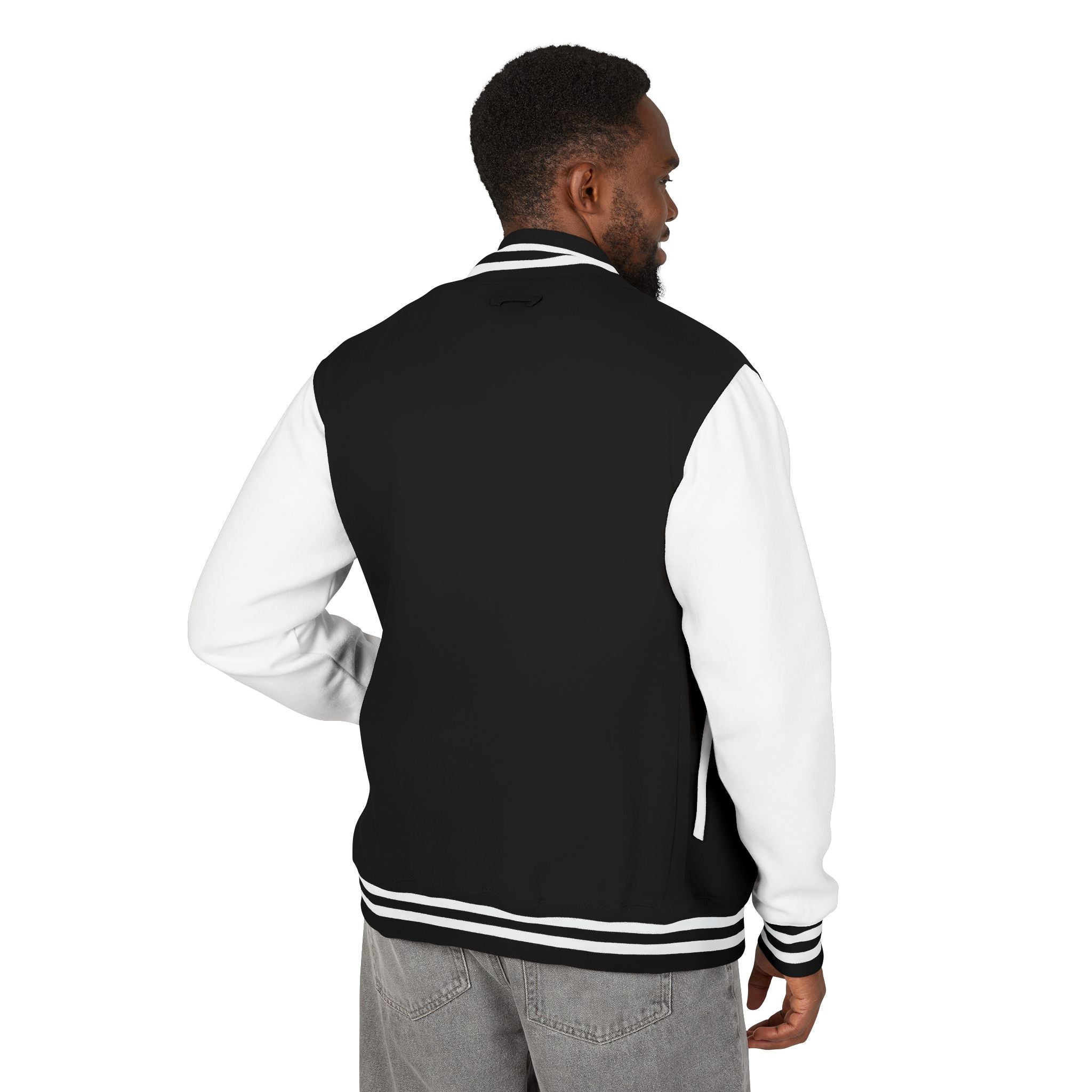 RJK: "RATS!" Small Logo (Front) - Unisex Heavyweight Letterman Jacket (Black/White)