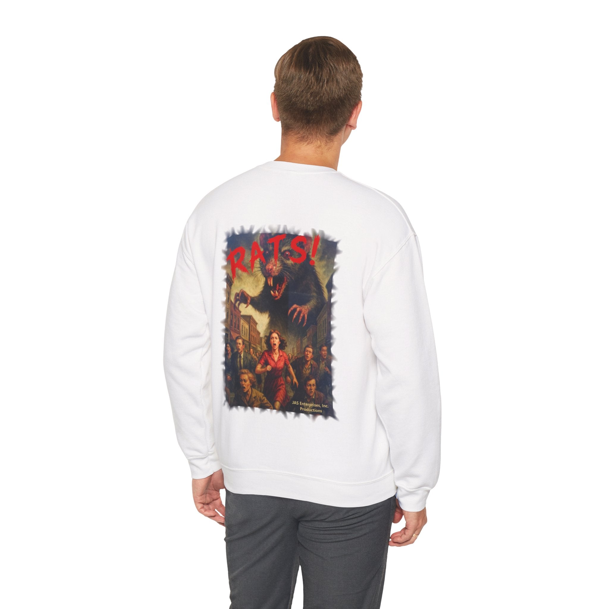 RSS: "Fear the Rats! Embrace the Horror!" Small Logo (RATS! Logo - Back Side) - Unisex Crewneck Sweatshirt (White)