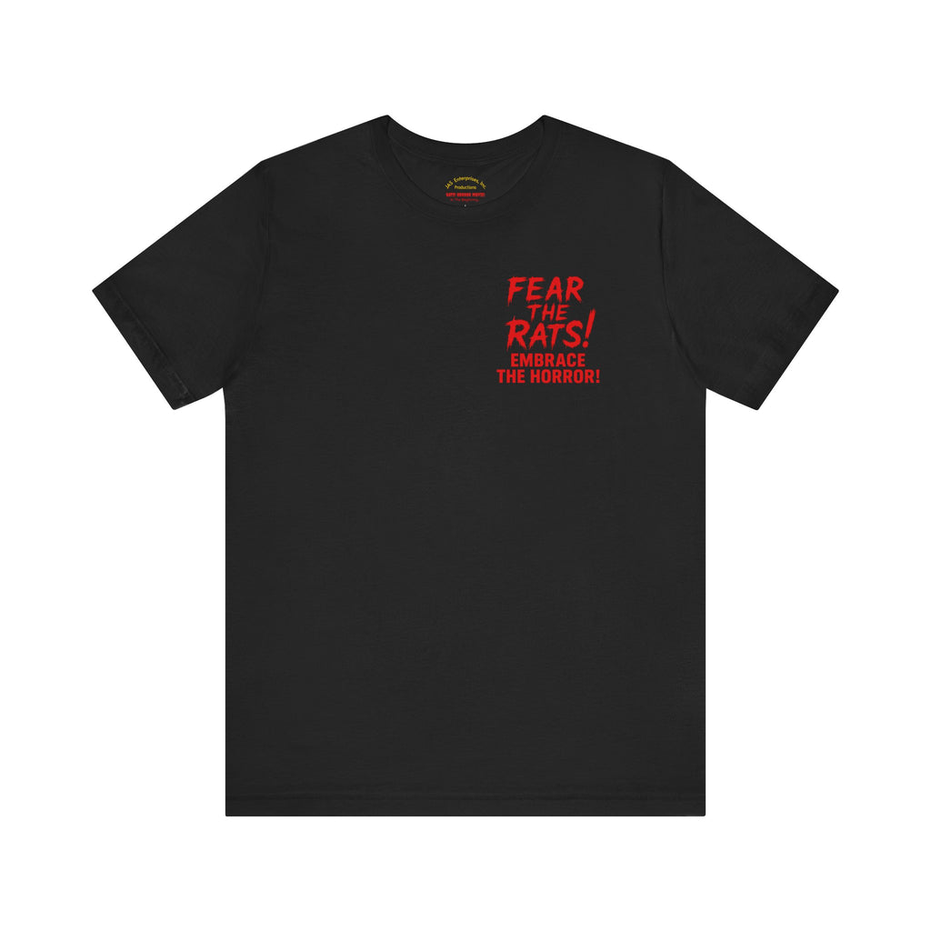 RTS: "Fear the Rats! Embrace the Horror!" - Small Logo (RATS! Logo - Back Side) - Unisex Jersey Short Sleeve Lightweight Tee (Black)