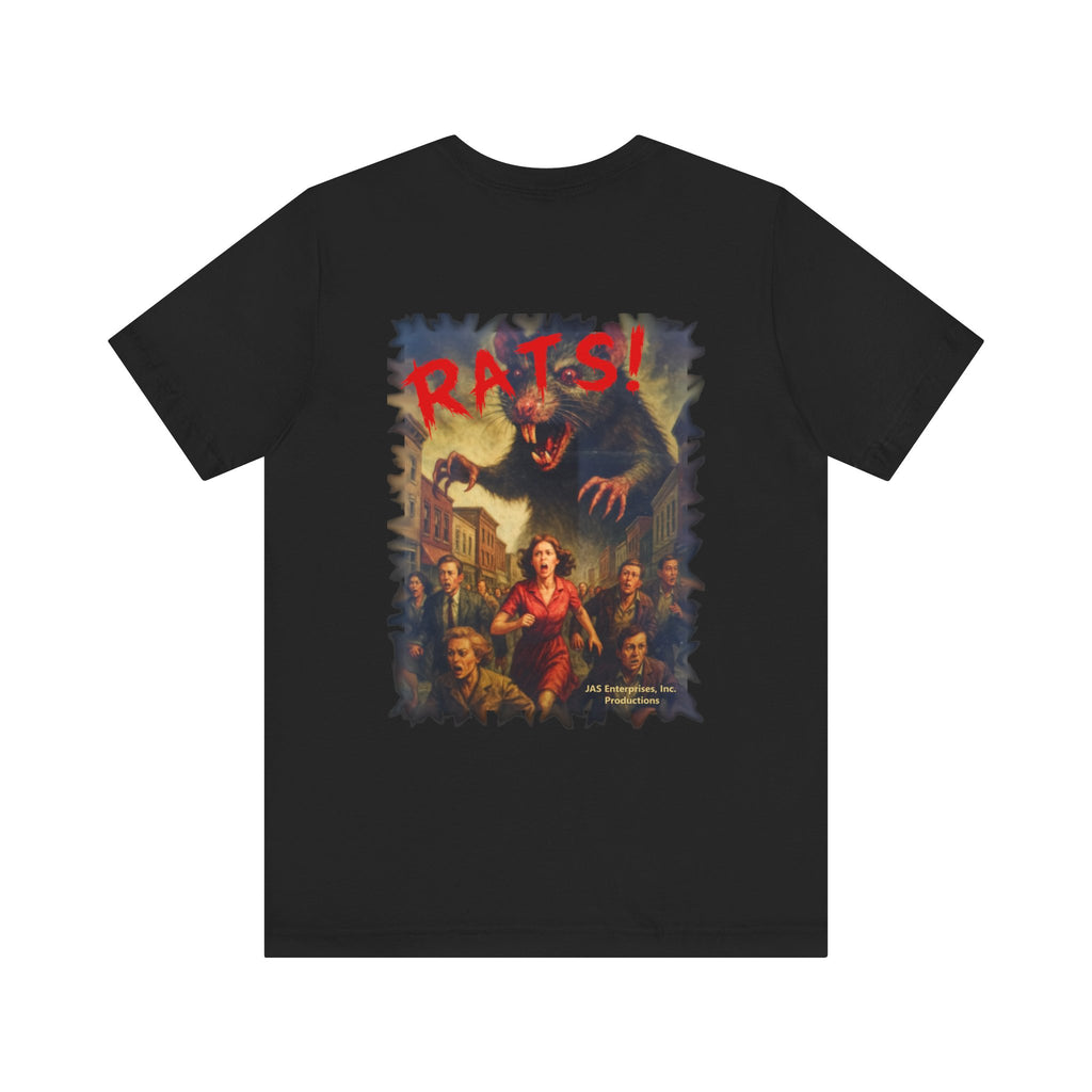 RTS: "Fear the Rats! Embrace the Horror!" (RATS! Logo - Back Side) - Unisex Jersey Short Sleeve Lightweight Tee (Black)