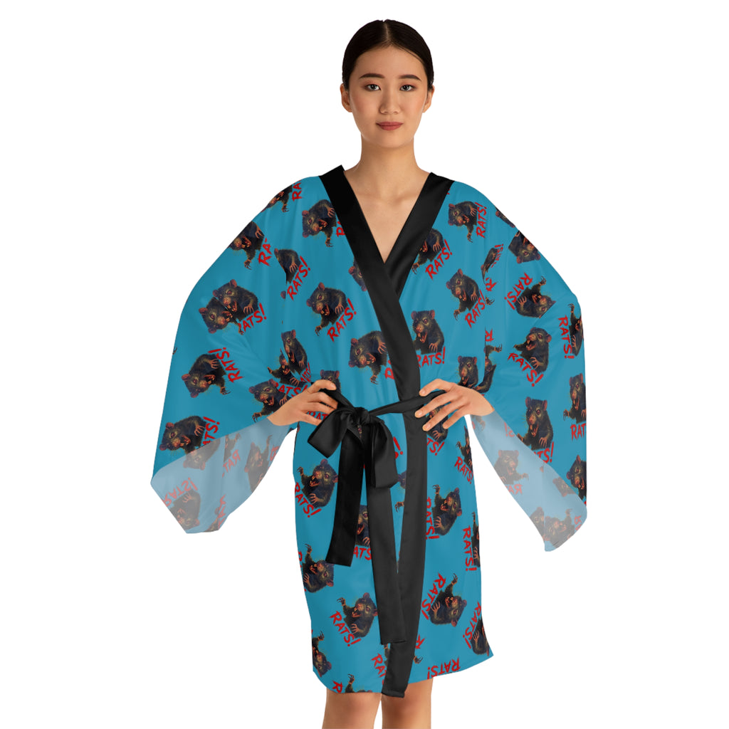 RRB: "RAT" (Multi) - Long Sleeve Kimono Robe - Turquoise with Black Edge & Belt
