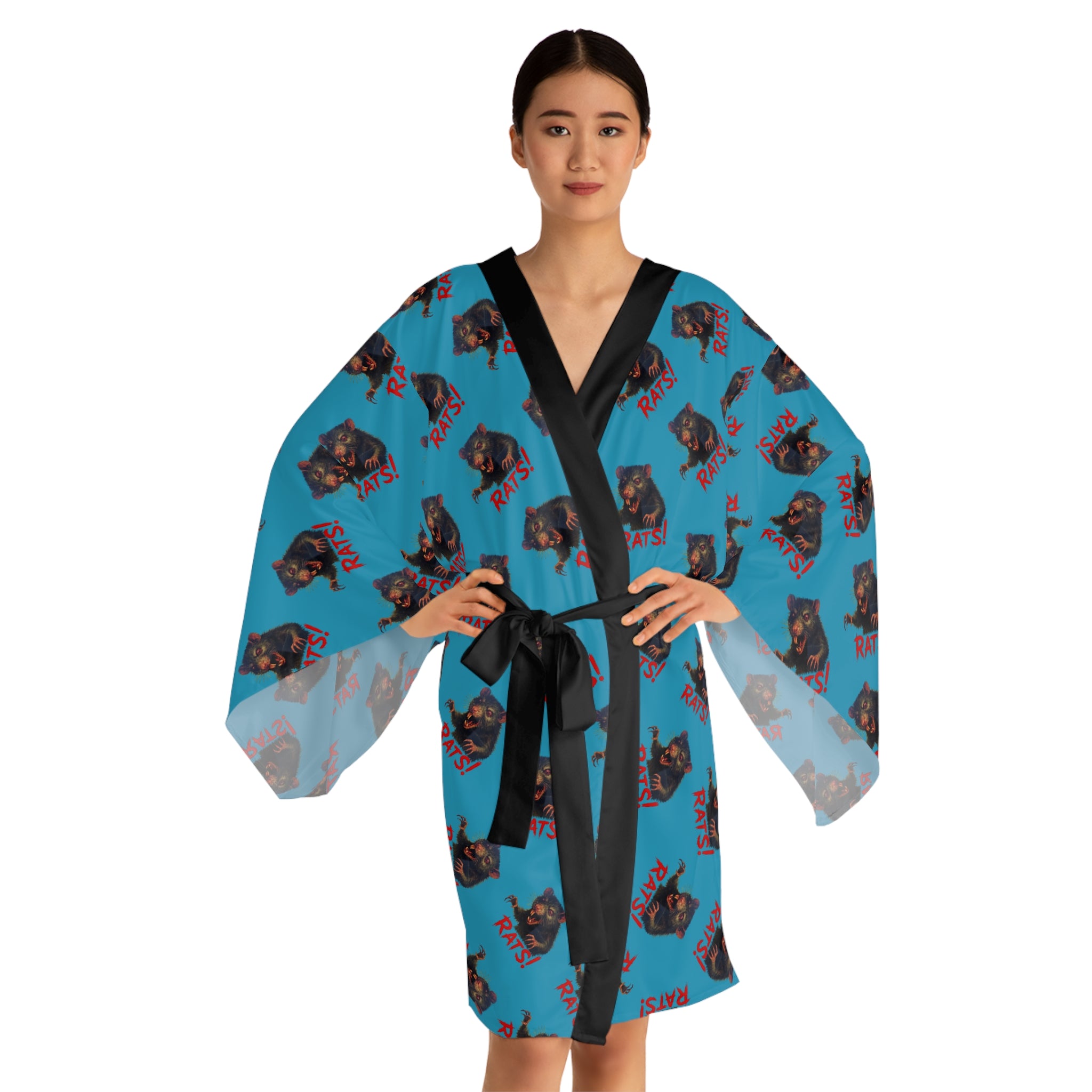 RRB: "RAT" (Multi) - Long Sleeve Kimono Robe - Turquoise with Black Edge & Belt