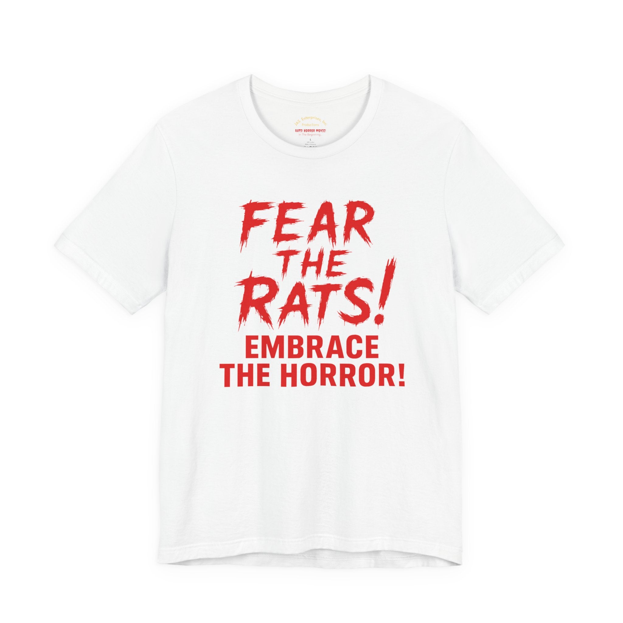 RTS: "Fear the Rats! Embrace the Horror!" (RATS! Logo - Back Side) - Unisex Jersey Short Sleeve Lightweight Tee (White)