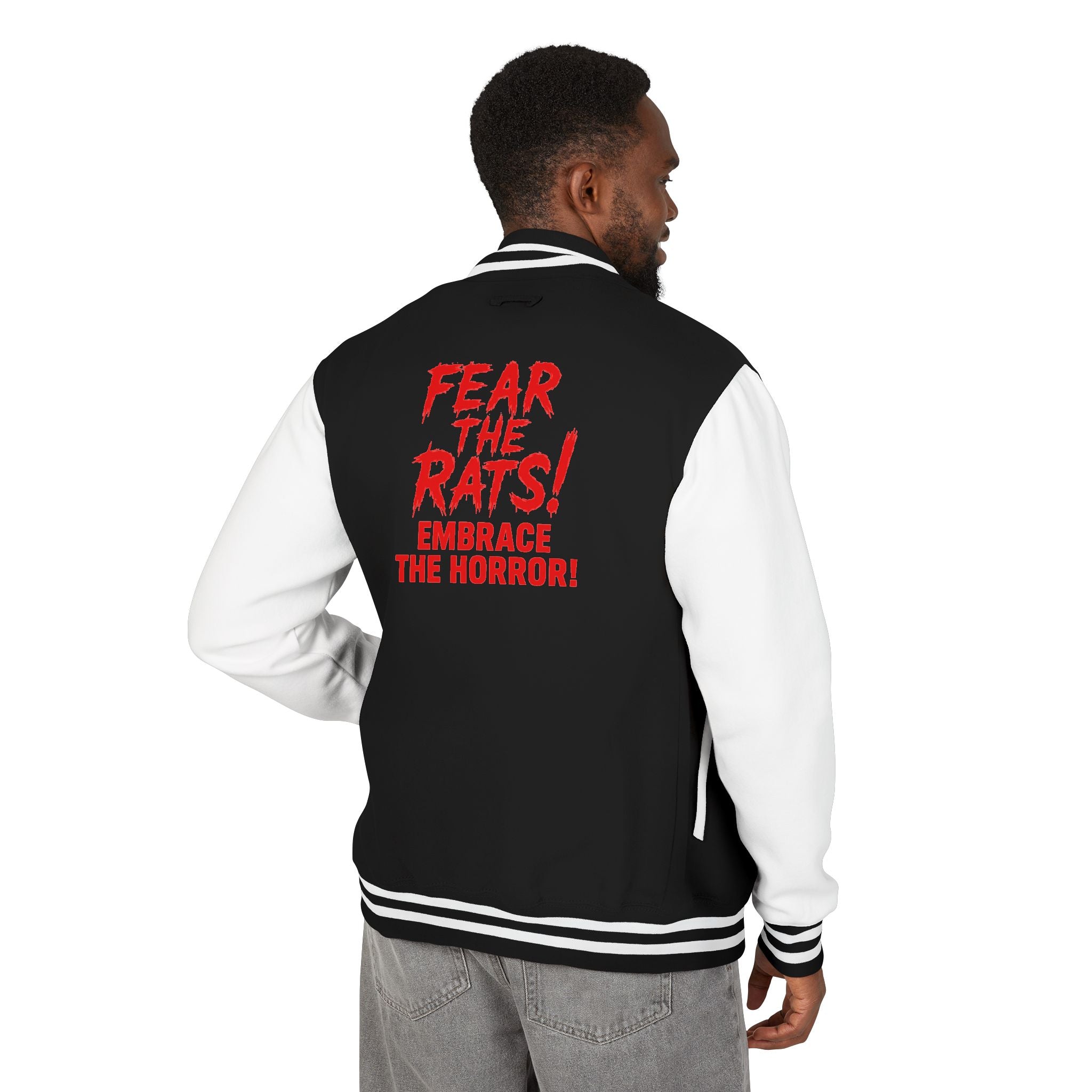 RJK: "Fear the Rats! Embrace the Horror!" - Unisex Heavyweight Letterman Jacket (Black/White)