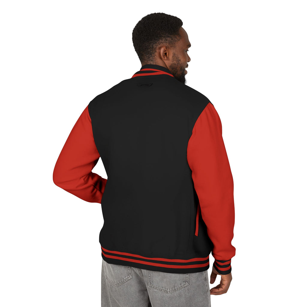 RJK: "RATS!" Small Logo (Front) - Unisex Heavyweight Letterman Jacket (Black/Red)
