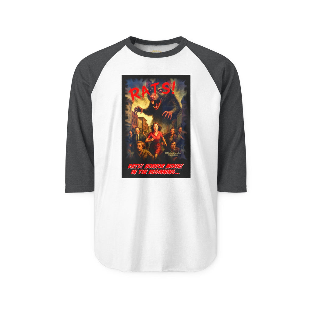 RRS: "RATS!" Movie Title Logo (Black Background) - Unisex Three-Quarter Sleeve Raglan Shirt