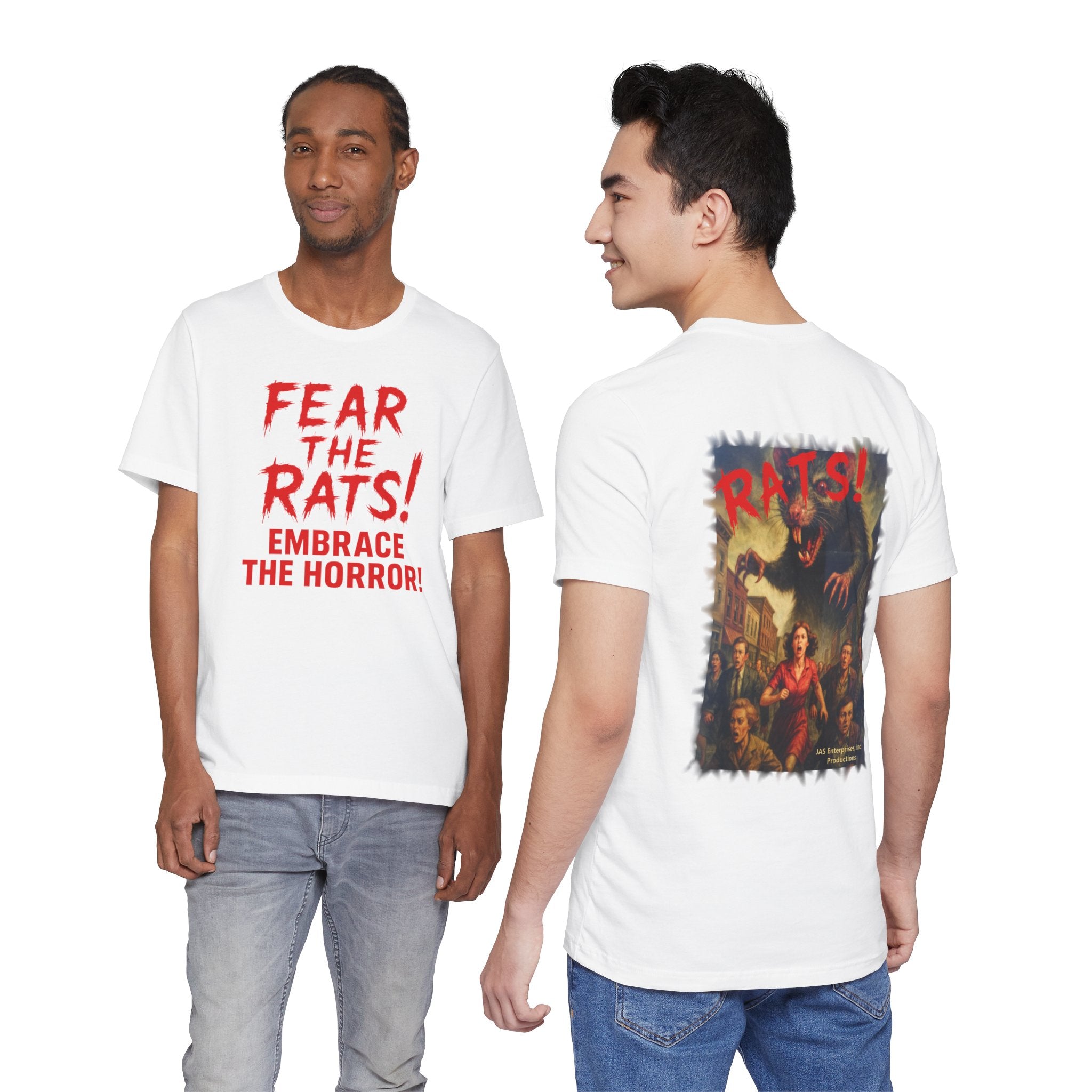 RTS: "Fear the Rats! Embrace the Horror!" (RATS! Logo - Back Side) - Unisex Jersey Short Sleeve Lightweight Tee (White)