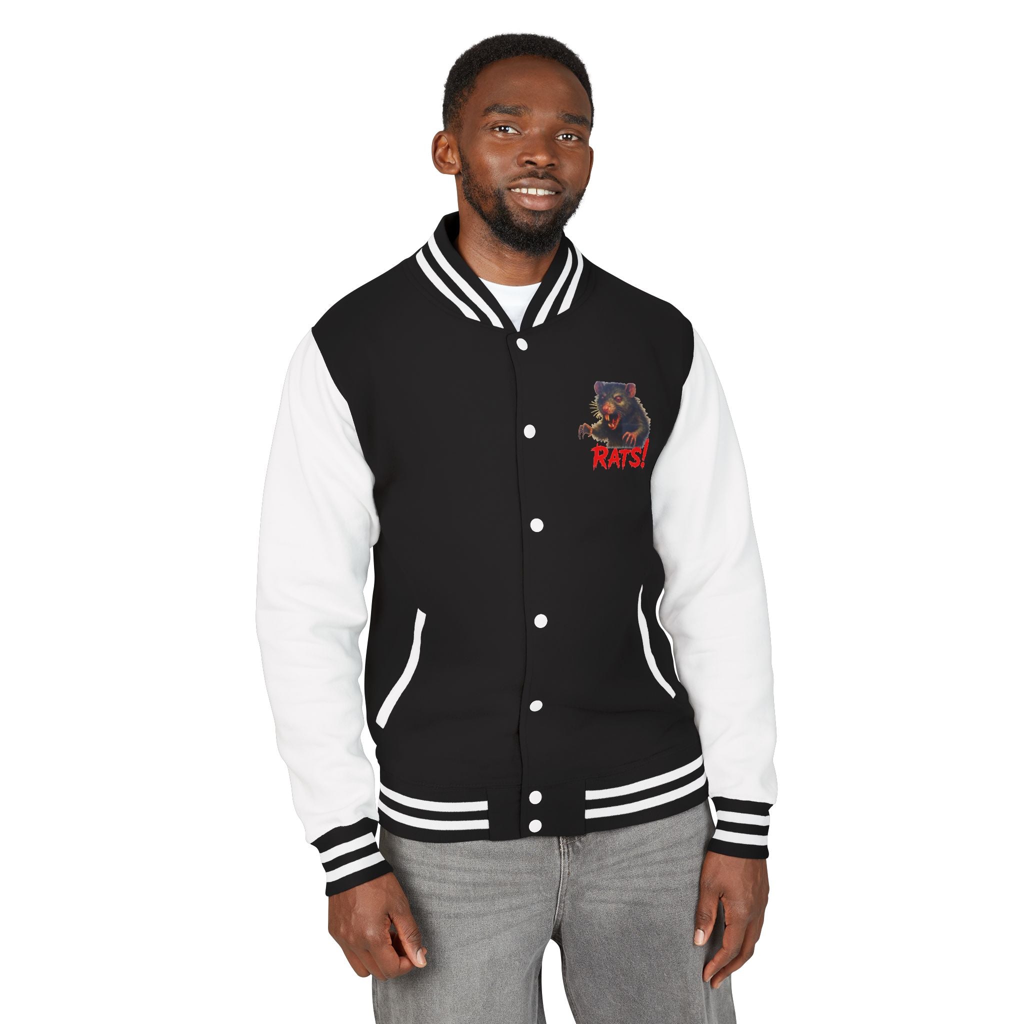 RJK: "Fear the Rats! Embrace the Horror!" - Unisex Heavyweight Letterman Jacket (Black/White)
