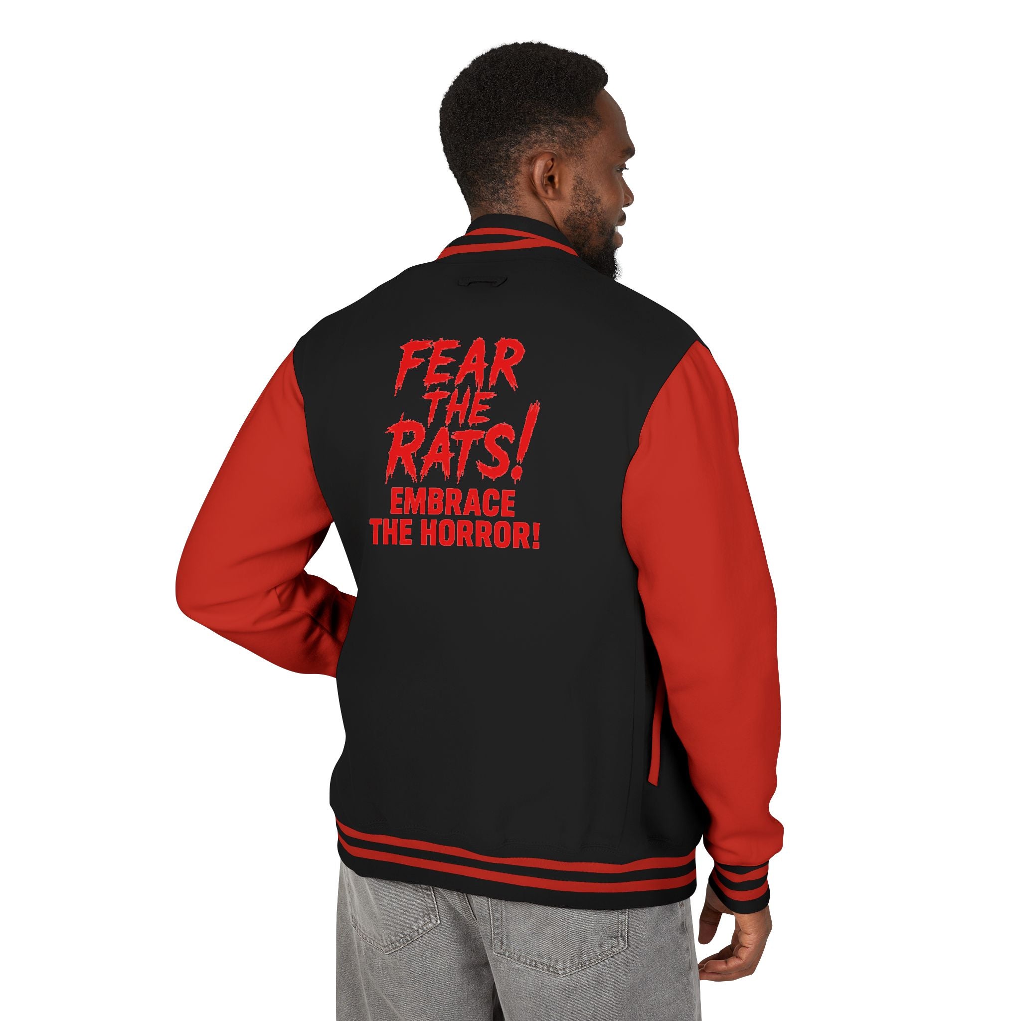 RJK: "Fear the Rats! Embrace the Horror!" - Unisex Heavyweight Letterman Jacket (Black/Red)