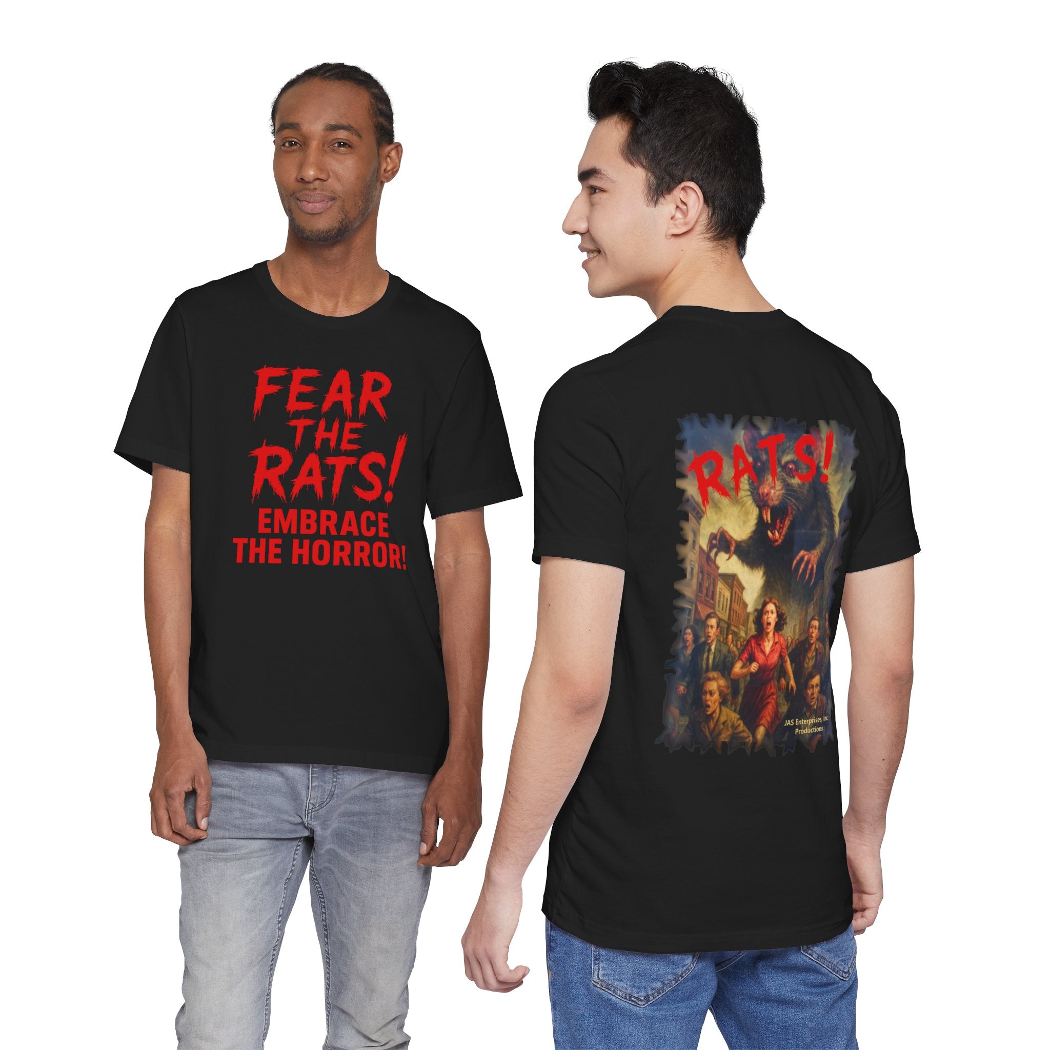 RTS: "Fear the Rats! Embrace the Horror!" (RATS! Logo - Back Side) - Unisex Jersey Short Sleeve Lightweight Tee (Black)