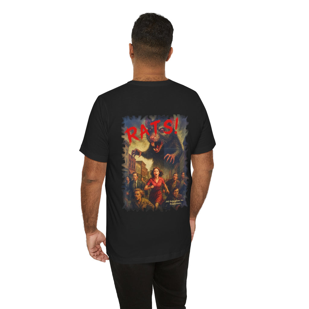 RTS: "Fear the Rats! Embrace the Horror!" (RATS! Logo - Back Side) - Unisex Jersey Short Sleeve Lightweight Tee (Black)