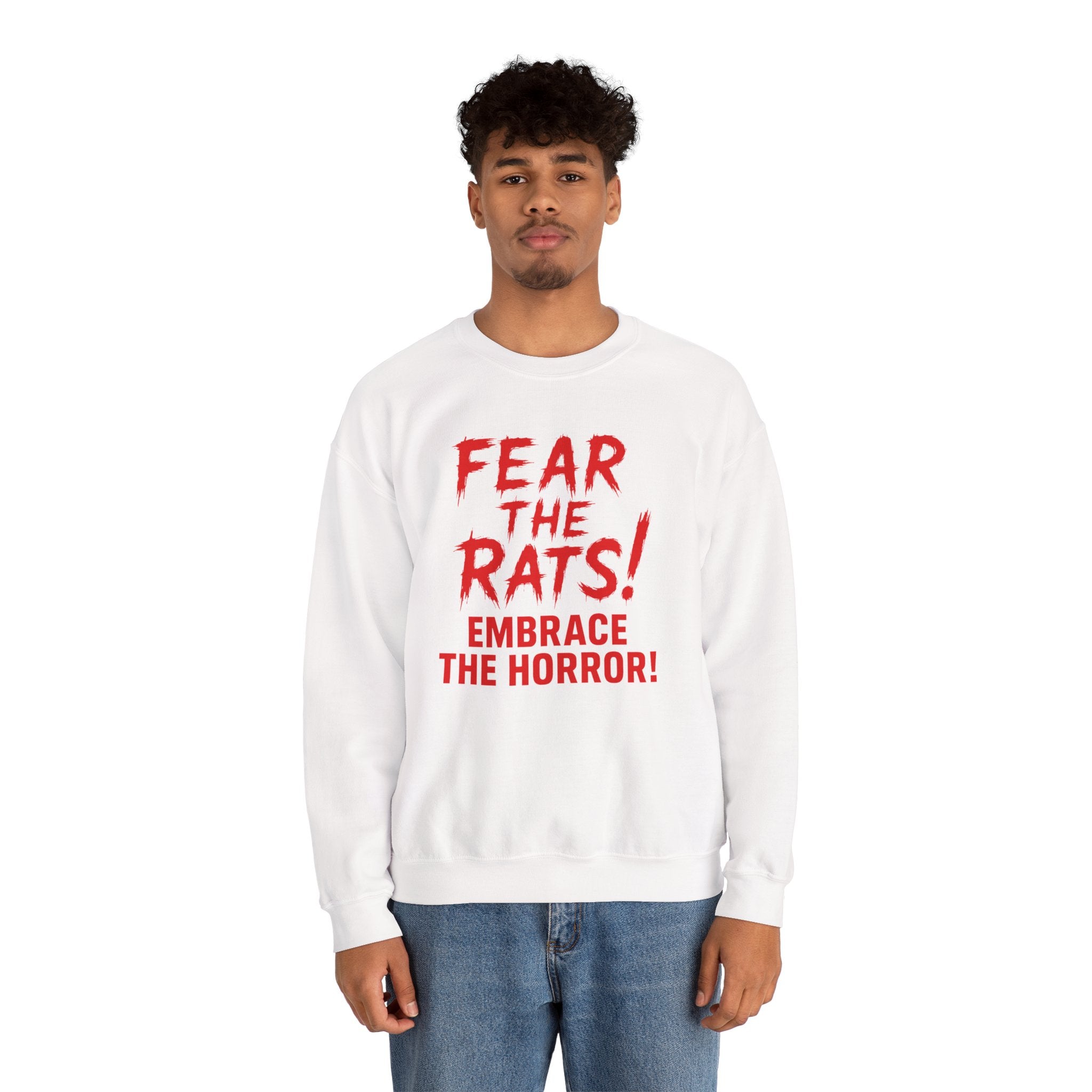 RSS: "Fear the Rats! Embrace the Horror!" (RATS! Logo - Back Side) - Unisex Crewneck Sweatshirt (White)