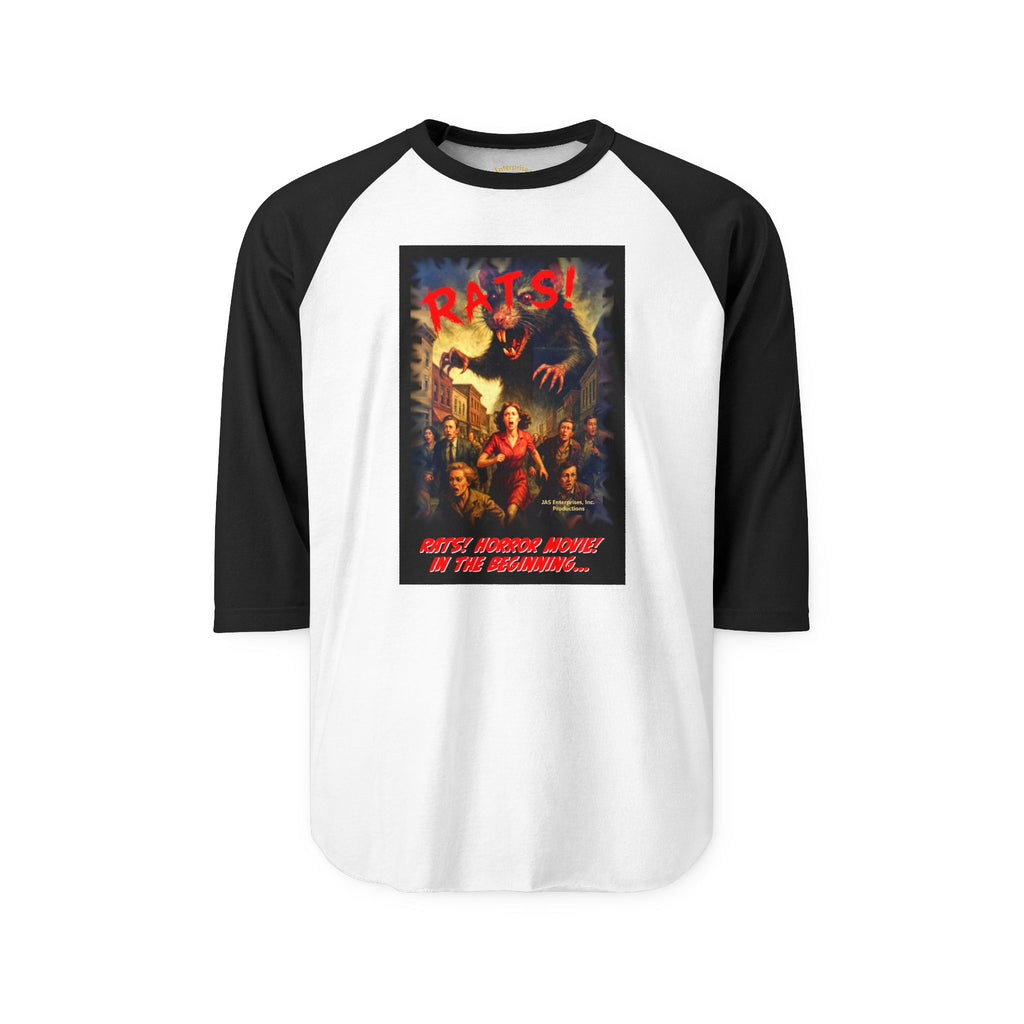 RRS: "RATS!" Movie Title Logo (Black Background) - Unisex Three-Quarter Sleeve Raglan Shirt